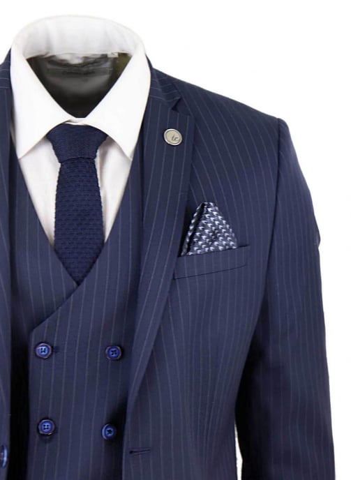 Traje retro de tres piezas de raya diplomática azul marino para hombre - Image 5