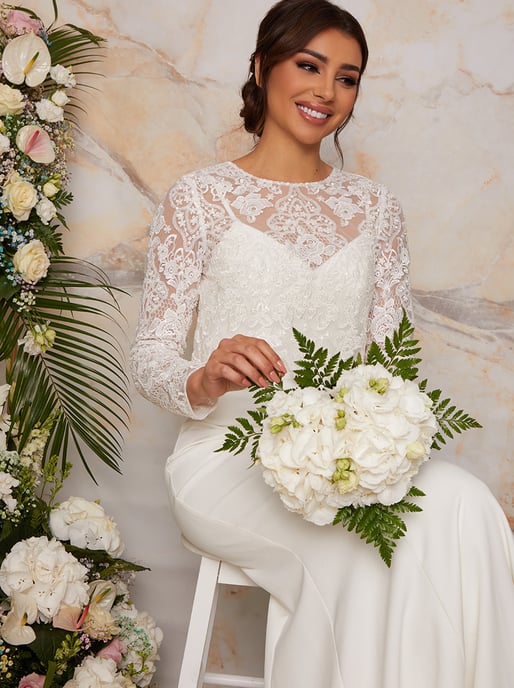 Lace Overlay Bodice Maxi Wedding Dress in White