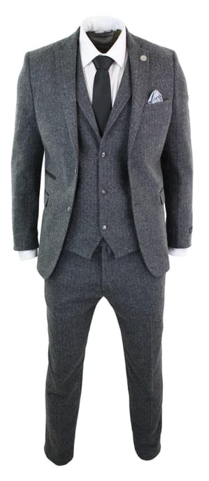Traje de tweed de espiga gris carbón de tres piezas para hombre - Image 2
