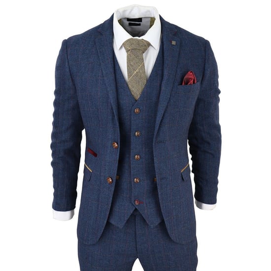 Traje de 3 piezas de tweed azul a cuadros para hombre - Image 2