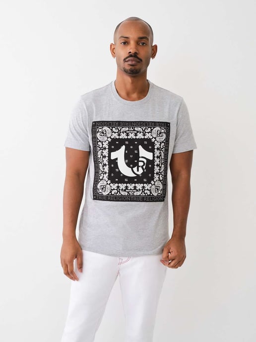 Short Sleeve Fray Twill Applique Tee in Grey