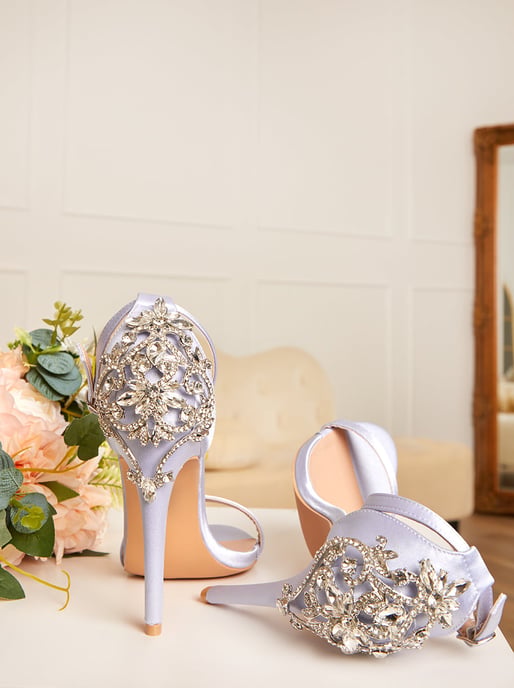 Embellished Satin Stiletto Heel Strappy Sandals in Blue