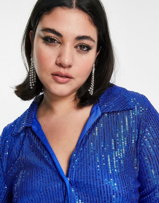 Urban Threads Plus sequin midi shirt dress in cobalt blue