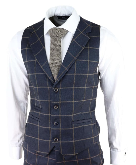 Traje de tweed de tres piezas a cuadros azul marino para hombre, Peaky Blinders, estilo Gatsby de los años 20, corte entallado - Image 4