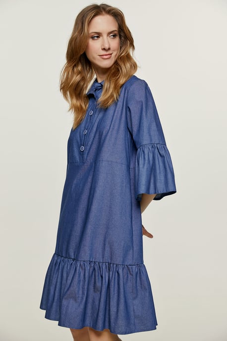 Vestido vaquero con mangas acampanadas y dobladillo con volantes - Image 3