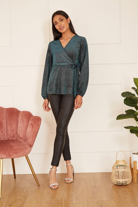Green Sparkle Velvet Wrap Top With Long Sleeves