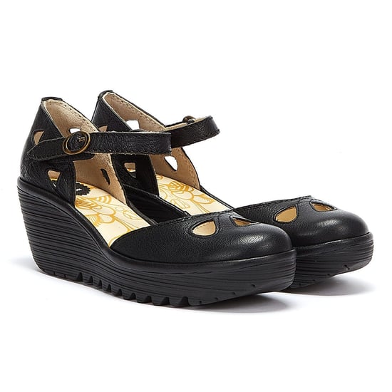 Fly London Yuna Womens Leather Wedge Sandals - (Black) - Image 1