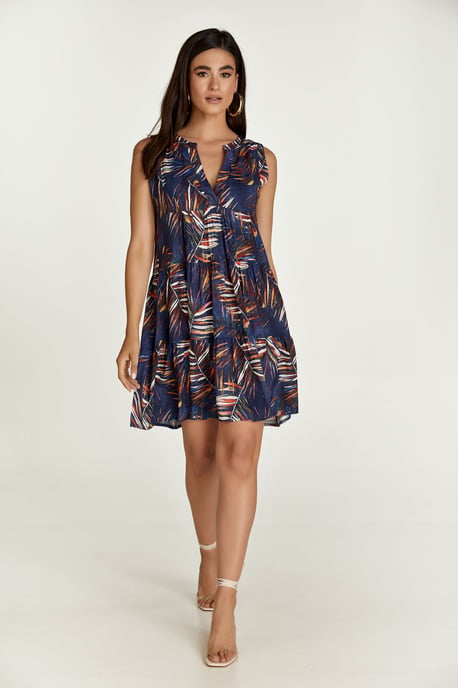 Sleeveless Leaf Print A Line Dress