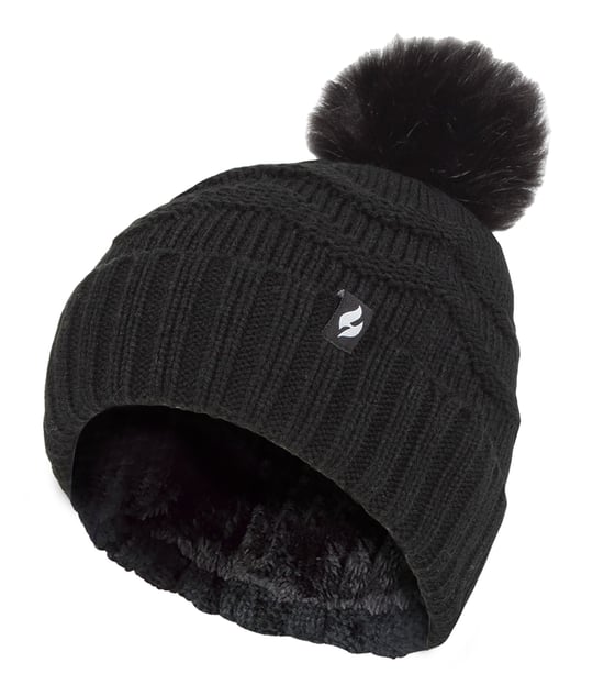 Sombrero de invierno de piel de las señoras | Calentadores | Zigzag Patterned Pom Pom Hat | Womens Thermal Cuff Bobble Hat - Negro - Image 1