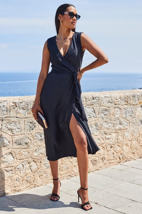 Black Plisse Sleeveless Midi Wrap Dress