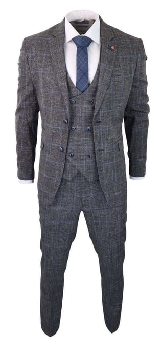 Traje clásico vintage de tweed de 3 piezas para hombre, de cuadros grises y azules - Image 2