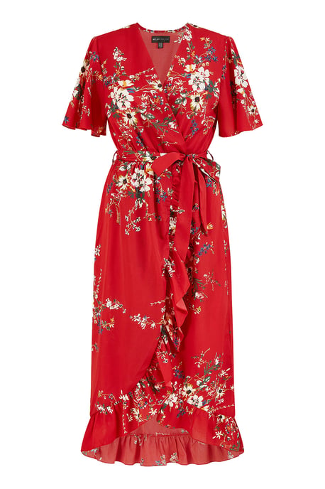 Red  Floral Dip Hem Wrap Midi Dress
