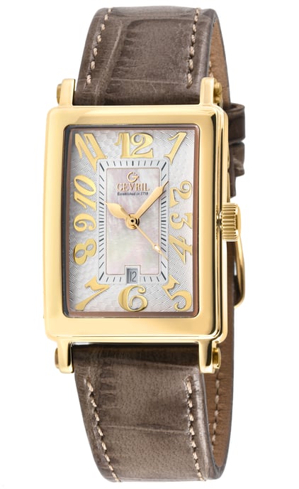 Gevril Ave of Americas Mini Reloj IPYG para mujer con caja de acero inoxidable, esfera blanca MOP, correa de cuero genuino color canela - Image 1