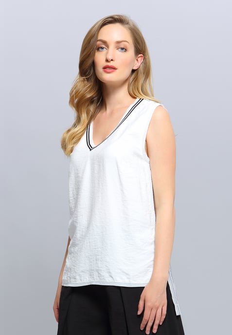 Long V-Neckline Bi-Material Top - Image 1