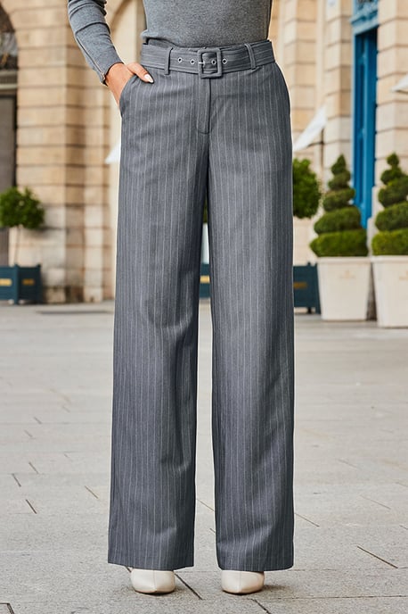 Grey Pinstripe Belted Wide Leg Trousers