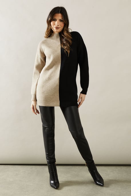 Colour Block High Neck Knitted Tunic