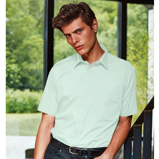 Premier Mens Short Sleeve Formal Poplin Plain Work Shirt (Aqua) - Image 2