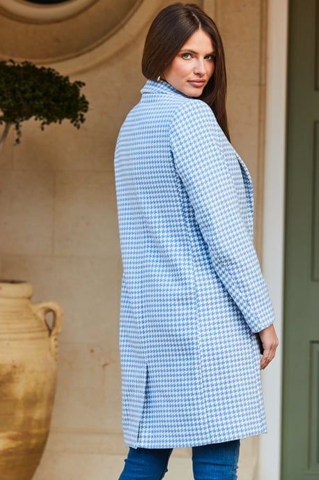 Blue & White Dogtooth Print Wool Mix Coat