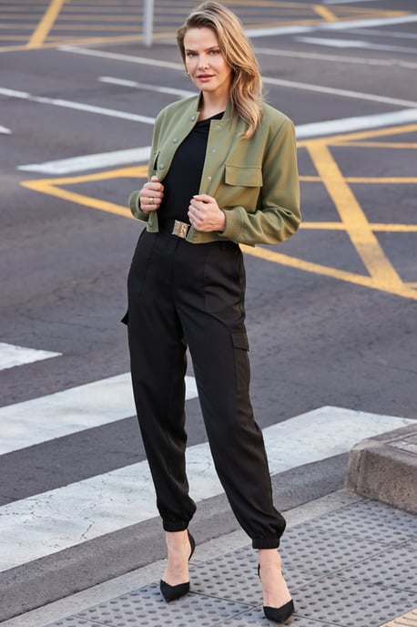 Black Satin Utility Trousers With Gold Buckle