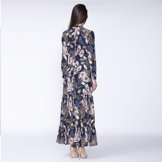 Bohemian style long dress with ruffles and feathers print - Image 2