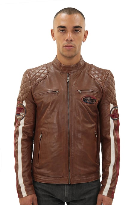Men’s Classic Striped Racing Leather Jacket- Barcelona
