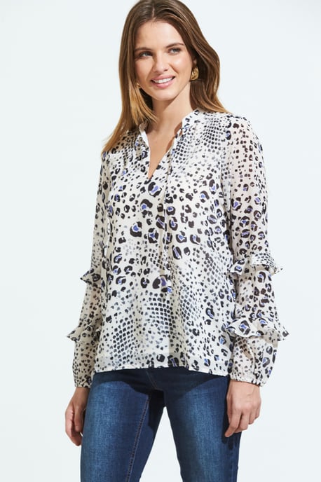 Cream Abstract Animal Print Ruffle Sleeve Top