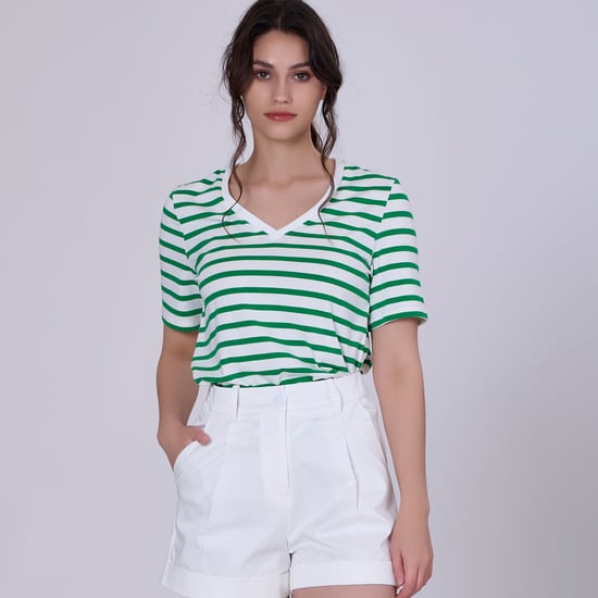 V neck stripes cotton T-shirt - Image 1