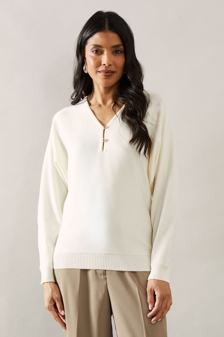Fine Gauge Button Front V Neck Knitted Top - Image 1