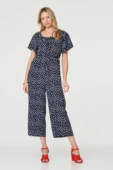 Navy Polka Dot Print Angel Sleeve Jumpsuit