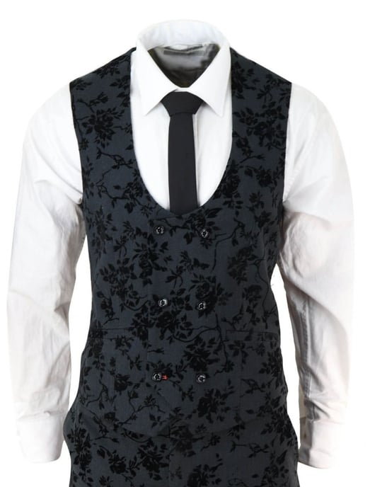 Traje de cena de tres piezas de terciopelo con estampado de cachemira negro para hombre - Image 4