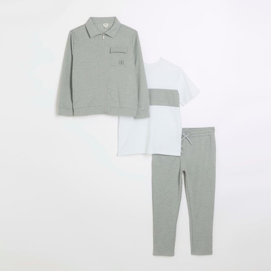 River Island Boys Sweatshirt 3 Piece Set Grey Herringbone Zip Up
