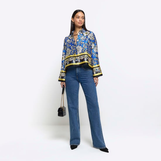 River Island Womens Shirt Blue Satin Floral Crop
