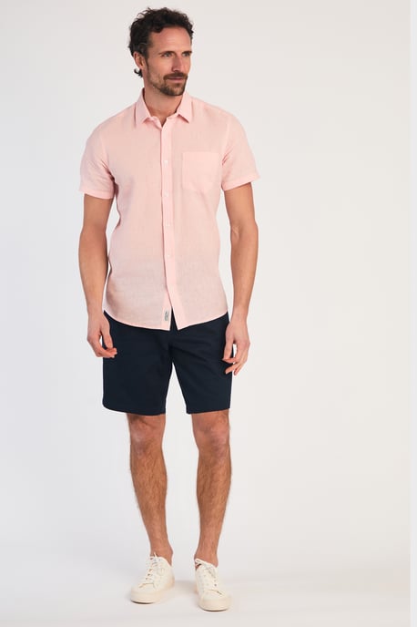 Pink Linen Blend Short Sleeve Button-Up Shirt With Chest Pocket