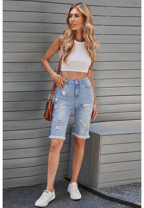Pantalones Cortos Bermuda De Jean Desgastados Para Mujer en Azul Cielo - Image 1