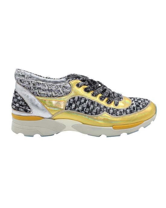 Chanel Tweed Lace Up Sneakers in Multicolor Leather - Image 1
