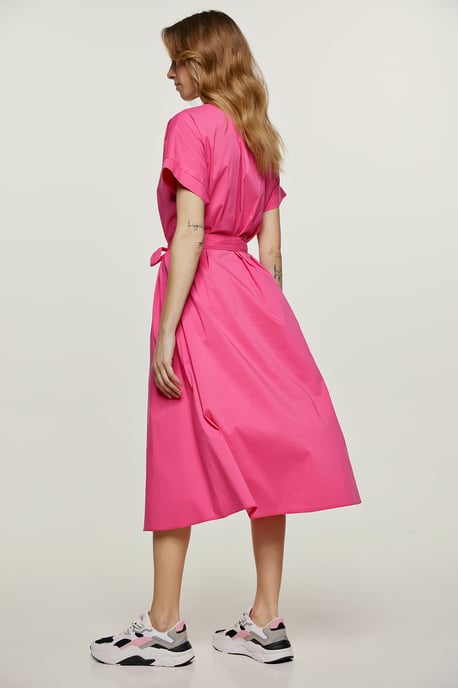 Vestido midi línea A fucsia con cinturón - Image 3