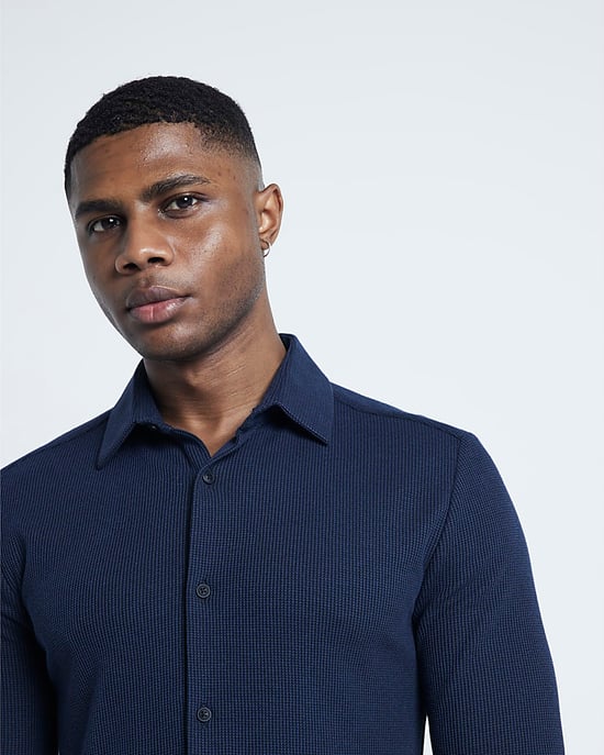 River Island Mens Shirt Navy Slim Fit Waffle Textured Jersey