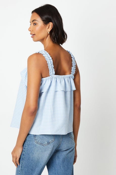 Gingham Frill Square Neck Strappy Top