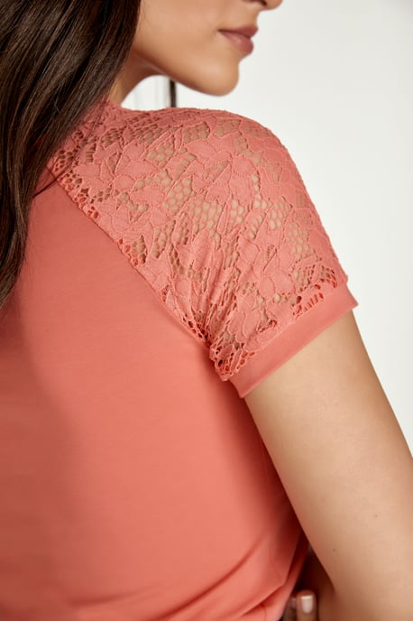 Coral Top with Short Lace Sleeves