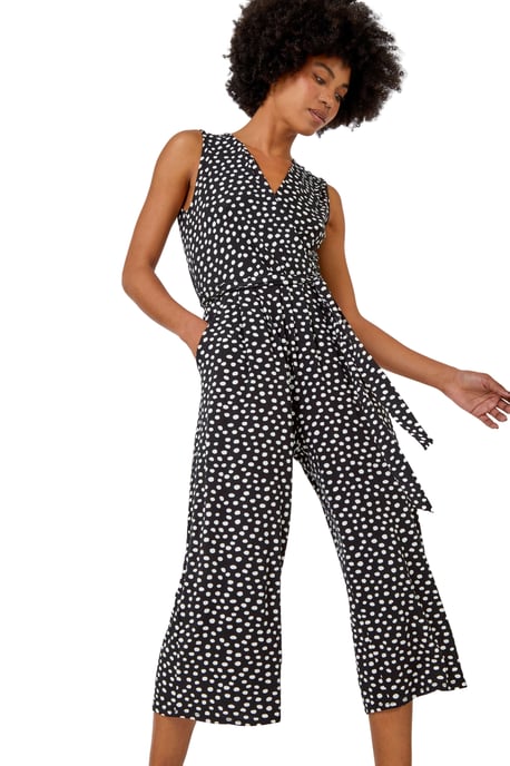 Sleeveless Spot Culotte Stretch Jumpsuit