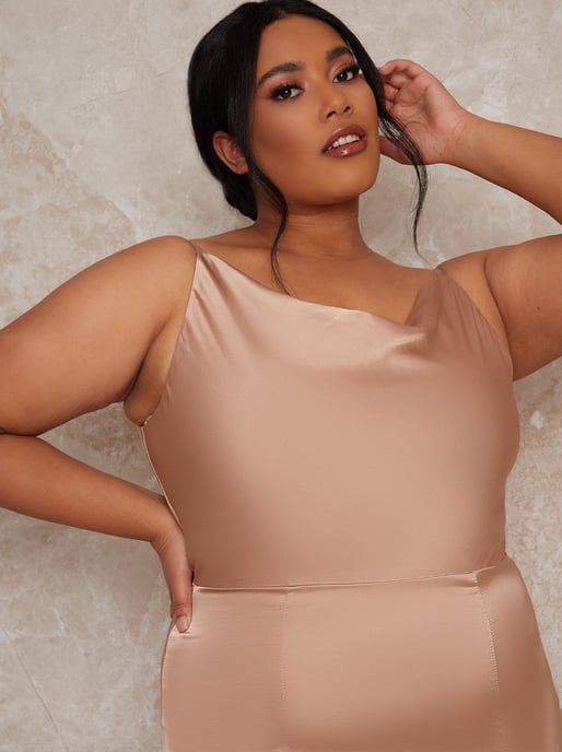 Plus Size Cowl Neck Satin Slip Maxi Dress in Champagne