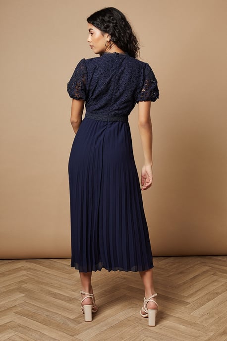 Petite Lace Puff Sleeve Pleated Midi Dress