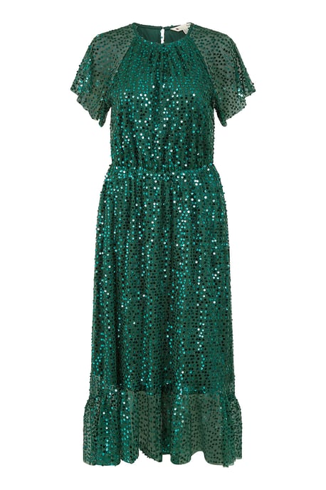 Green Sequin Angel Sleeve Midi Dress
