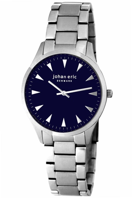 Johan eric: helsingør, men's, blue dial watch w triangular hr-markers, brushed and polished solid stainless steel bracelet