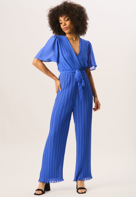 Angel Sleeves Pleated Belted Wrap Jumpsuit