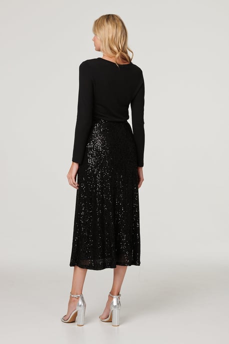 Black Sequin High Waist Semi Sheer Midi Skirt