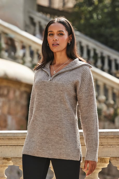 Natural Rib Knit Half Zip Longline Jumper