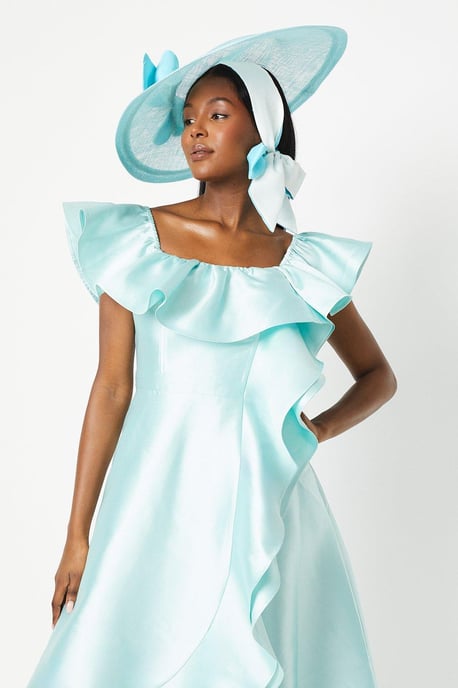 Lisa Tan Off Shoulder Ruffle Twill Midi Dress