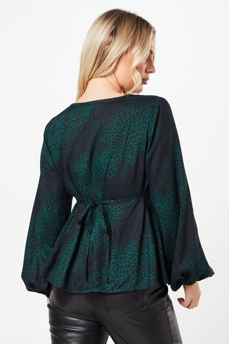 Petite Khaki Animal Long Sleeve Button Front Tea Blouse - Image 3