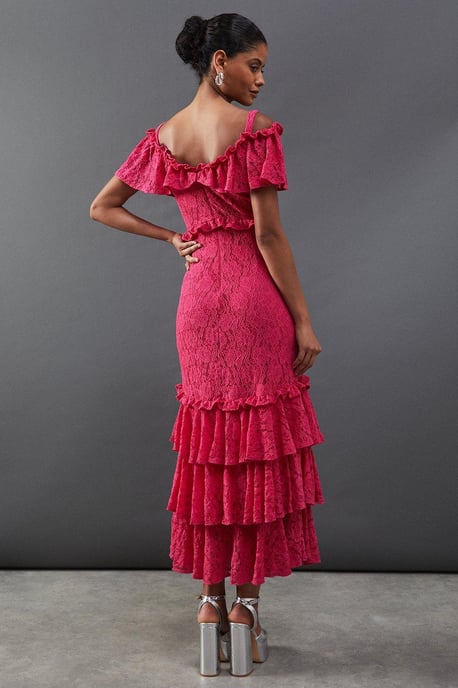 Corded Lace Ruffle Fallen Shoulder Midi Dress